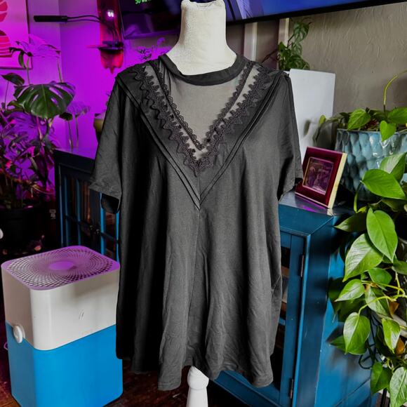 Shein Black Lace Deep V-Neck Blouse - Women's Size 2XL - Picture 1 of 7